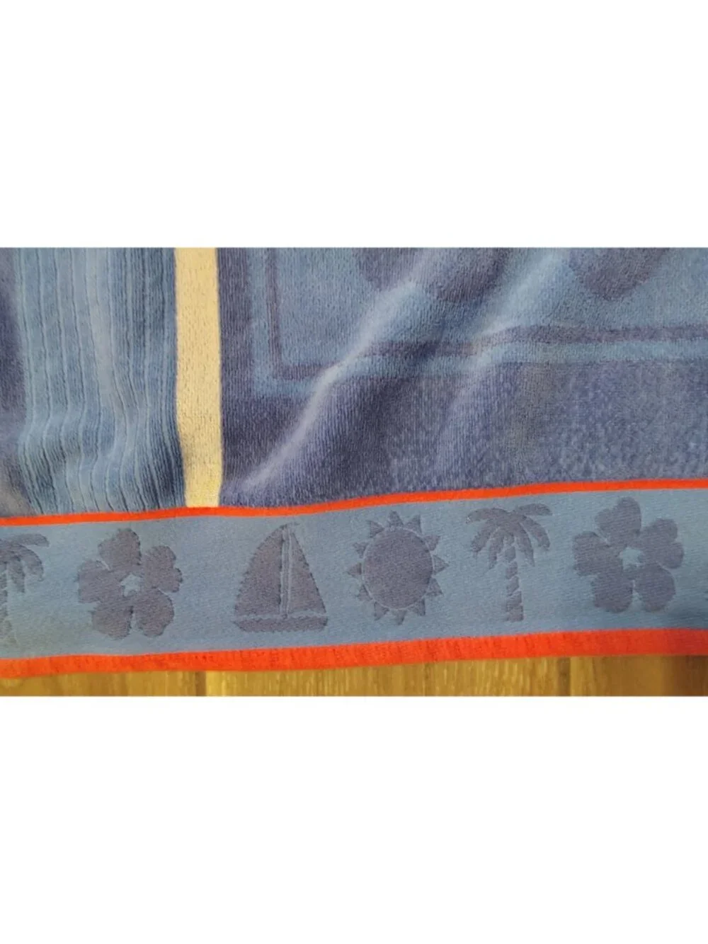 Vintage Egyptian Cotton Beach Bath Towel, Red Blue Palm Tree Sailboat Egypt Sun